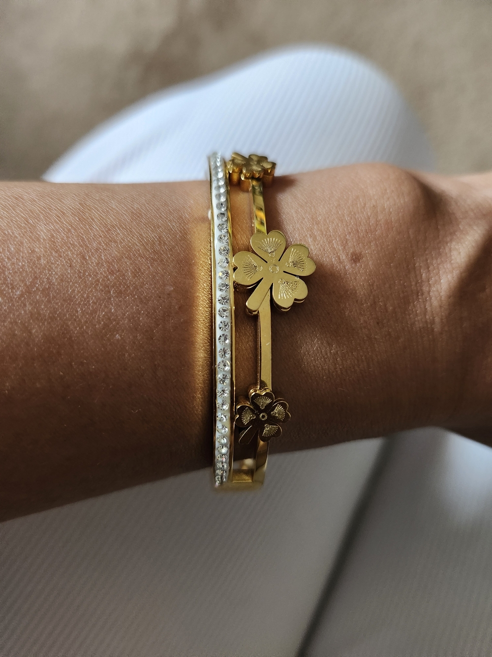 Gold Clover Bangle Bracelet with Crystal Accent
